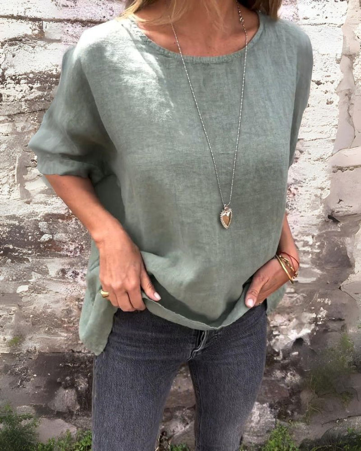 Giada™ - T-SHIRT aus Baumwolle und Leinen mit Rundhalsausschnitt