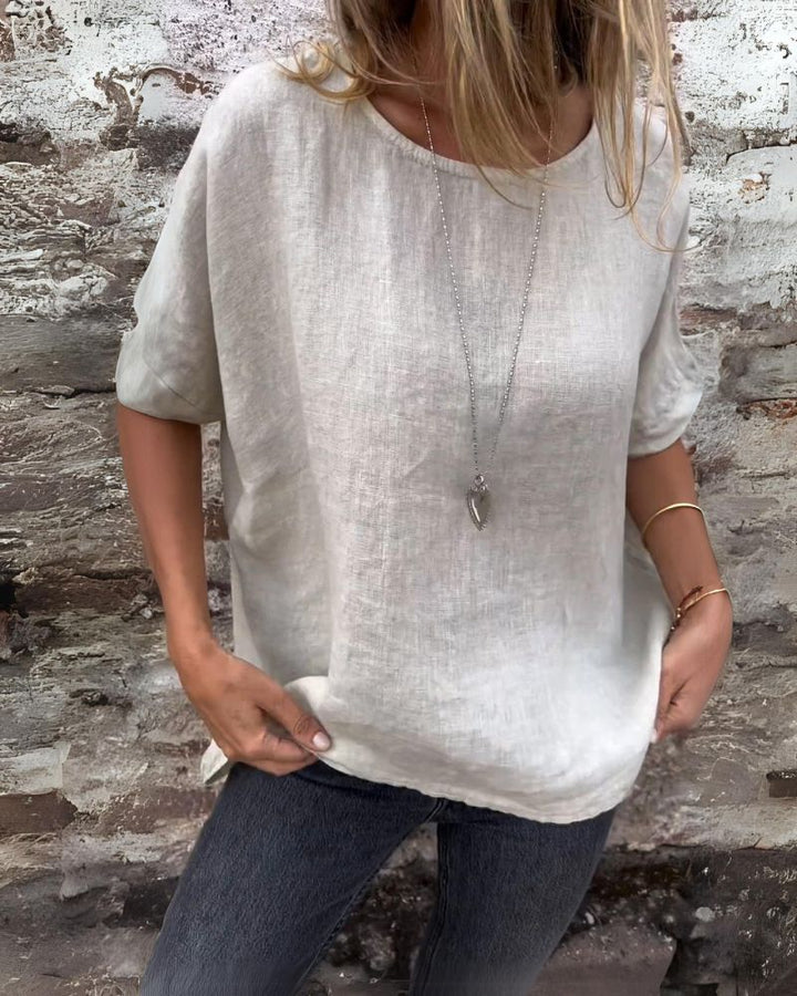 Giada™ - T-SHIRT aus Baumwolle und Leinen mit Rundhalsausschnitt