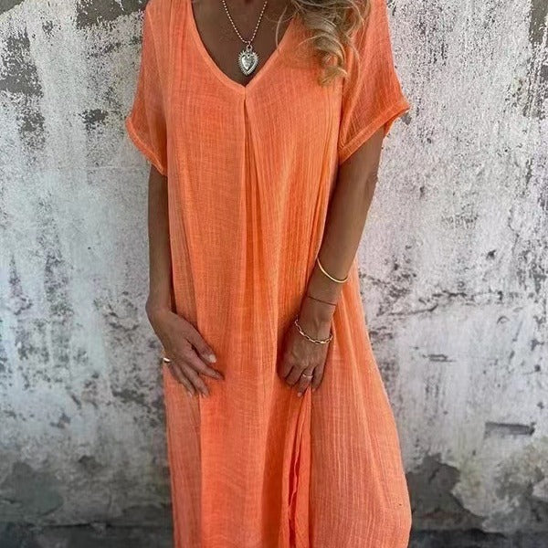 Leonie™ – Mühelose Eleganz: Das Luftige Baumwoll-Leinen V-Ausschnitt Kleid