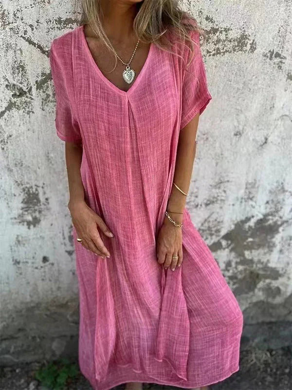 Leonie™ – Mühelose Eleganz: Das Luftige Baumwoll-Leinen V-Ausschnitt Kleid