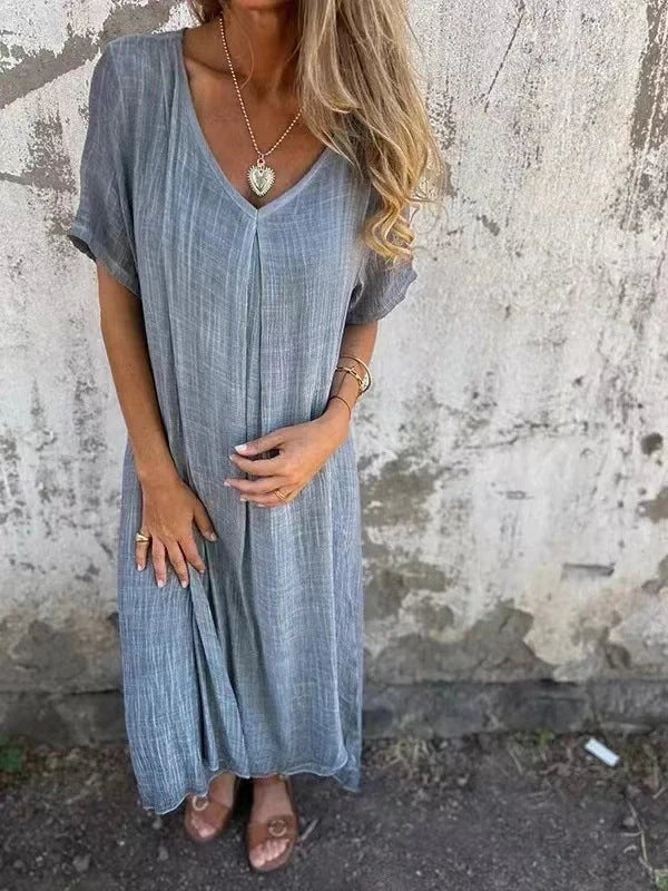 Leonie™ – Mühelose Eleganz: Das Luftige Baumwoll-Leinen V-Ausschnitt Kleid