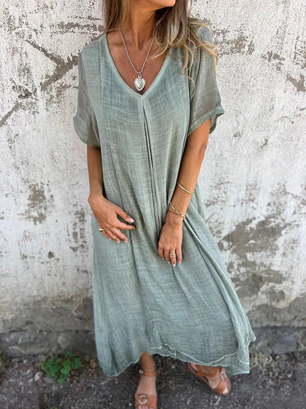 Leonie™ – Mühelose Eleganz: Das Luftige Baumwoll-Leinen V-Ausschnitt Kleid