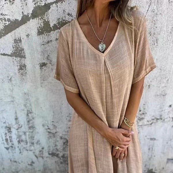 Leonie™ – Mühelose Eleganz: Das Luftige Baumwoll-Leinen V-Ausschnitt Kleid