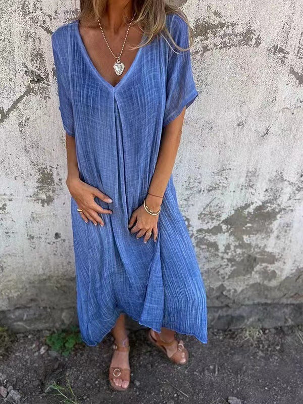 Leonie™ – Mühelose Eleganz: Das Luftige Baumwoll-Leinen V-Ausschnitt Kleid